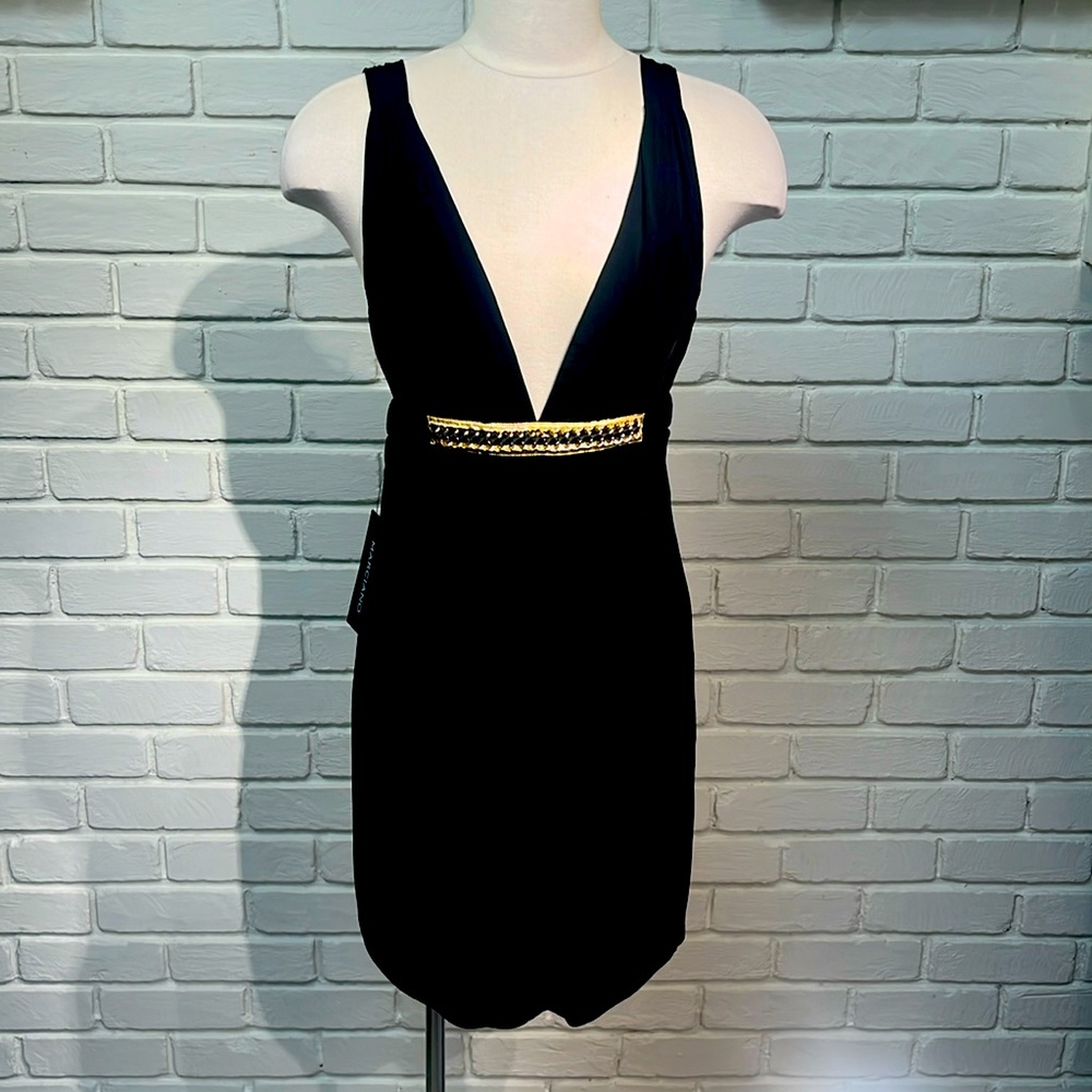Marciano Jet Black Cocktail dress with gold chain. Holiday, cocktail, party, NYE